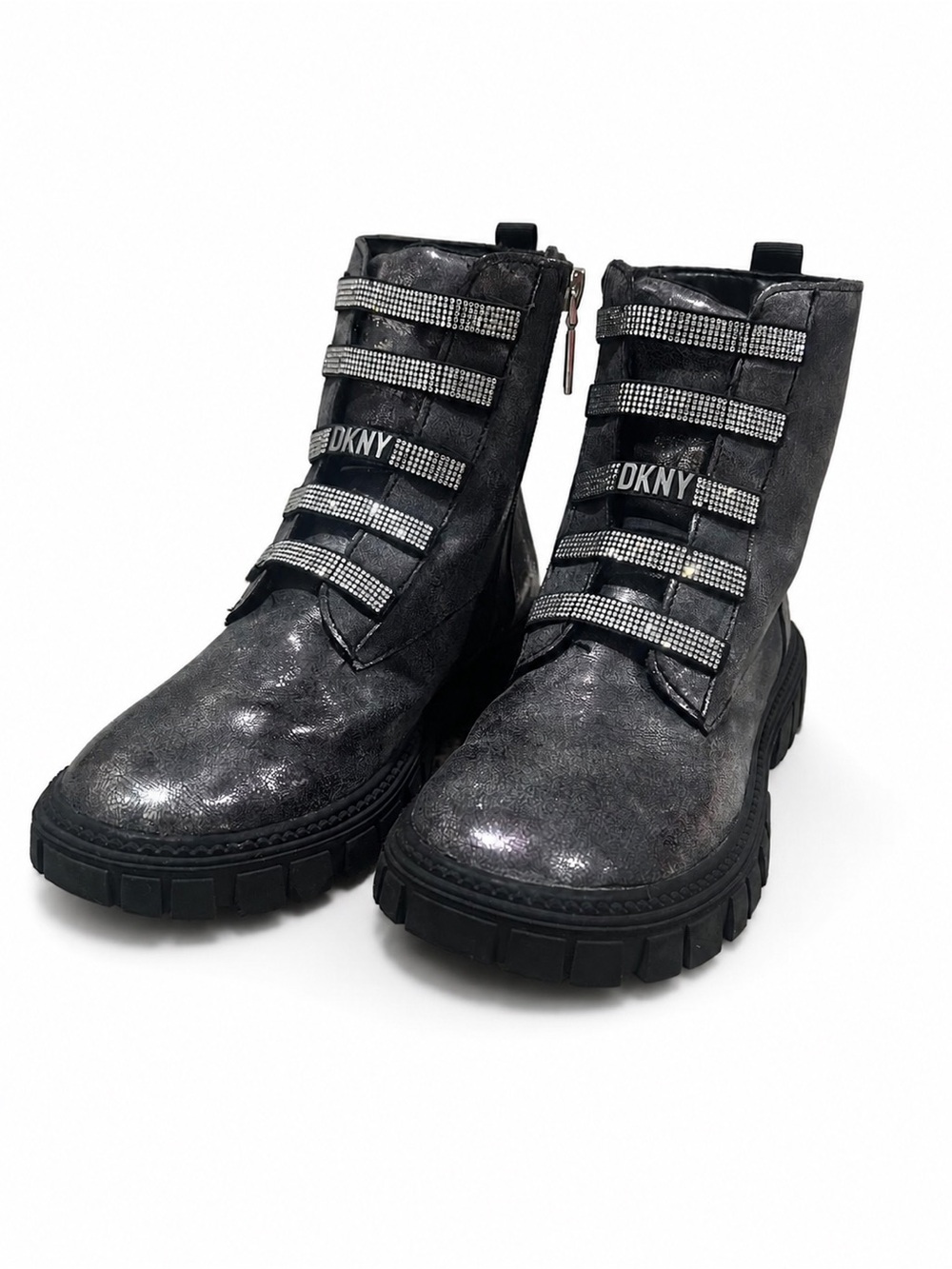 DKNY Girls Sparkle Rhinestone Metallic Charcoal Combat Boots Size 1